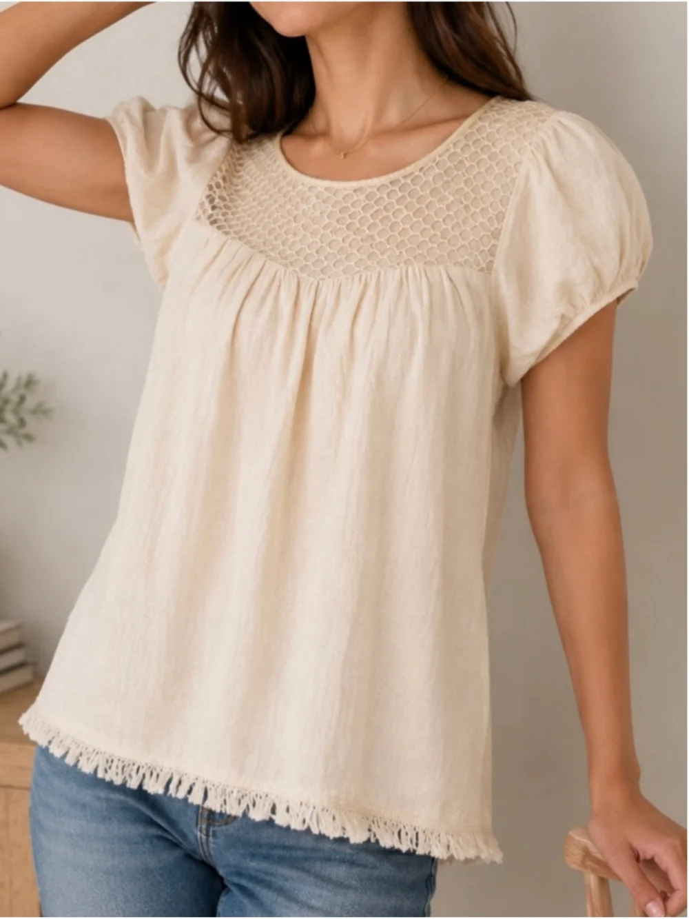 Free People peach blush crochet yoke gauze puff Slv top SZ S babydoll boho